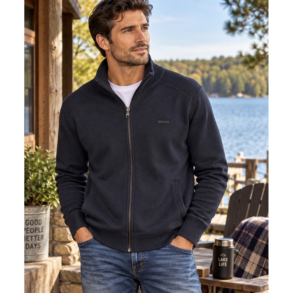 Calvin Klein Men's Large Navy Full Zip 100% Cotton Sweater Jacket